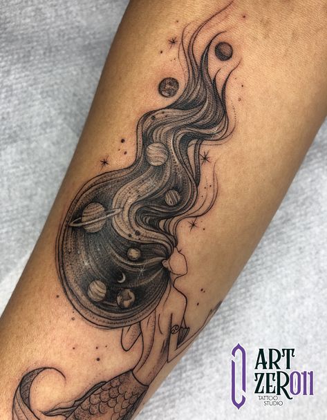 Mermaid In Space Tattoo, Space Mermaid Tattoo, Sea Theme Tattoo, Sea Animal Tattoos For Women, Matching Bff Tattoos, Animal Tattoos For Women, Mermaid Tattoo Designs, Tattoo 2024, Planet Tattoos