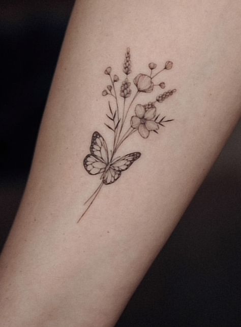 Tattoo Ideas Flowers And Butterflies, Miscarried Butterfly Tattoo, Simple Butterfly Flower Tattoo, Small Butterfly Tattoo With Flowers, Flower Tattoos With Butterfly, Girly Flower Tattoos, Butterfly Bouquet Tattoo, Birth Flower And Butterfly Tattoo, Small Flower And Butterfly Tattoo