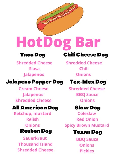 Chili Dog Party Ideas, Hot Dog Bar Menu Printable, Hotdogs Toppings Ideas, Fun Hot Dog Toppings, Hot Dogs Bar Ideas, Hotdogs Party Ideas, Mickey Mouse Birthday Hot Dog Bar, Hamburger Hot Dog Bar, Hot Dogs And Hamburgers Party Burger Bar