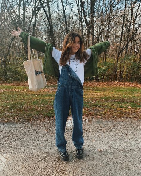 Hoodies And Overalls Outfit, Doc Martens With Overalls, Dungarees And Doc Martens, Docs And Overalls, Fall Shorts Overall Outfits, Overalls Outfit Cardigan, Overalls And Dr Martens, Overalls Outfit Cold Weather, Overall Cardigan Outfit