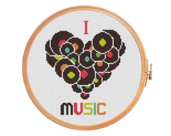 Music Cross Stitch, Cross Stitch Boards, Embroidery Alphabet, Small Cross Stitch, Vinyl Gifts, Cross Stitch Heart, Learn Embroidery, Color Image, Crochet Cross