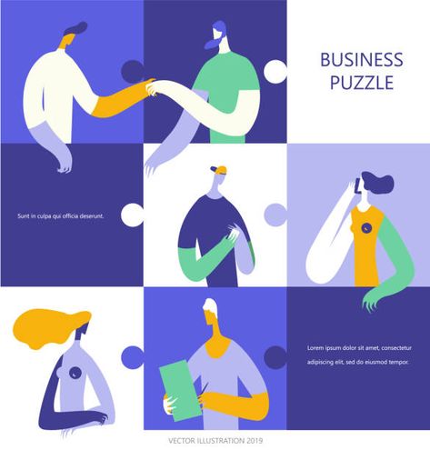 Business people in a colorful puzzle collage. Geometric People Illustration, Puzzle Design Graphic, Puzzle Illustration Design, Collage Brochure, Puzzle Graphic Design, Puzzle Collage, Geometric People, Puzzle Illustration, Puzzle Graphic