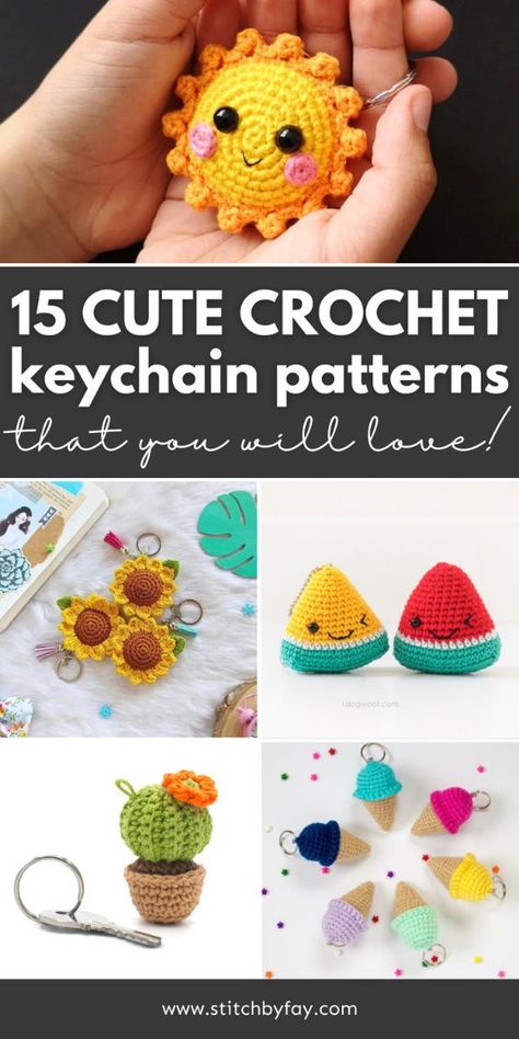 Brighten up your bag or keys with a cute crochet accessory! Amigurumi keychains are fun bite sized projects perfect for markets or a quick crochet fix as well as practicing new skills or techniques. These easy crochet keychain patterns are quick and fun plus with 15 free cute crochet keychain patterns to choose from, there's something for everyone on this list! Crochet Amigurumi Free Patterns Easy Key Chains Patterns, Amigurumi Keychain Free Pattern English, Easy Crochet Keyring Free Pattern, Crochet Keyring Pattern, Animaguri Crochet, Crochet Ideas For Markets, Keychain Amigurumi Free Pattern, Free Keychain Crochet Patterns, Fast Crochet Projects Free