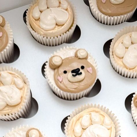 hannah • cupcake & cake artist on Instagram: "Teddy bear themed cupcakes for a baby shower🧸🐾 The heart cheeks are my fave part 🥹 . . 🧁: Chocolate with Almond Swiss Meringue Buttercream" Teddy Bear Gender Reveal Cupcakes, Teddy Bear Themed Cupcakes, Bear Themed Cupcakes, Bear Birthday Cupcakes, Teddy Bear Cupcakes Ideas, Bear Cupcakes Ideas, Bear Baby Shower Cupcakes, Teddy Bear Baby Shower Cupcakes, Bear Themed Food