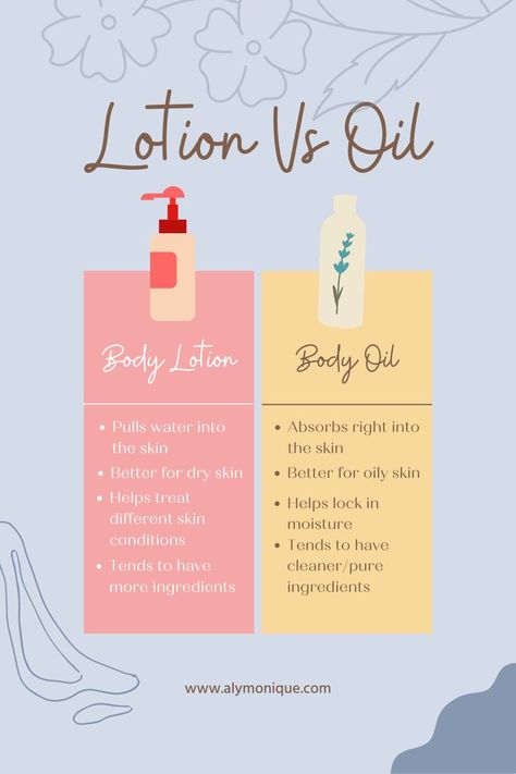 A body oil is a great way to trap water moisture into the skin. My body beauty routine changes depending on the weather. During the dry winter months, I use a body oil rather than lotion because my skin needs more hydration. Read this post so you can decide which is better for you, a body oil vs lotion. There are so many different types of body oils on the market, find the best one for your skin needs! Body oils for skin. Body oils for skin best. What is body oil. What does body oil do. Oil For Body Moisturizer, Body Oil Benefits, Best Body Oil For Dry Skin, Dry Body Skin Care Routine, Best Body Oil For Glowing Skin, Body Oils For Skin, Body Oil Recipe, Vs Lotion, Best Body Oil