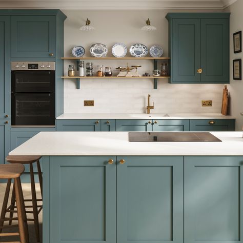 This is our Chilcomb Laguna Blue range, where bold design meets timeless style. Featuring stunning blue kitchen cabinets, this range is perfect for those who love blue kitchen ideas that make a statement. Explore colourful kitchen ideas to personality to your space. Our shaker kitchen ideas offer classic elegance with a modern twist. Enhance your kitchen with innovative kitchen island ideas, and elevate the look with stylish kitchen island decor that ties everything together beautifully. Periwinkle Kitchen Island, Dusky Blue Kitchen, Havstorp Turquoise Kitchen, Kitchen Cabinet Style, Cabinet Island, Laguna Blue, Colourful Kitchen, Teal Kitchen, Shaker Style Cabinets