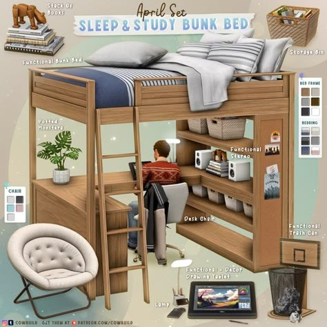 April 2024 Set (1) - Sleep & Study Bunk Bed | Patreon Sims 4 Cc University Furniture, Sims Teenage Bedroom, Sims Build Cc Maxis Match, Sims 4 Bunk Bed Cc Maxis Match, Bedroom Sims4 Cc, University Cc Sims 4, Dorm Cc Sims 4, Sims 4 Maxis Match Bedroom Cc, Sims 4 Double Bed Cc