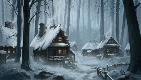 Fantasy Village Snow, Snowy Mountain Village Fantasy Art, Snowy Village Art, Snowy Village Fantasy Art, Snowy Landscape Art, Fantasy Winter Village, Winter Village Art, Village Forest, 2d Landscape