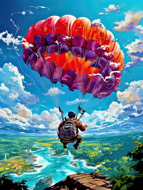 Illustration digital painting style, A skydiver with parachute above a beautiful landscape of river and forest in Argentina Skydiving Painting, Parachute Painting, Parachute Illustration, Parachute Art, Mountain Sunset Painting, Duck Species, Illustration Kunst, Illustration Art Kids, Dragon Artwork Fantasy