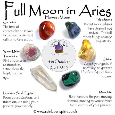 Crystal Posters, October Full Moon, Aries Birthstone, Moon In Aries, Full Moon In Aries, Crystal Healing Chart, Zodiac Stones, Spiritual Crystals, Crystal Therapy