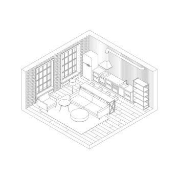 Image Details ISS_14261_01035 - Line living room interior. Line living room interior in isometric view. Illustration of loft apartment with brick wall. Apartment With Brick Wall, Analysis Diagram, View Illustration, Interior Design Classes, Photoshop Rendering, Isometric Drawing, Drawing Interior, Loft Interior Design, Perspective Drawing Lessons