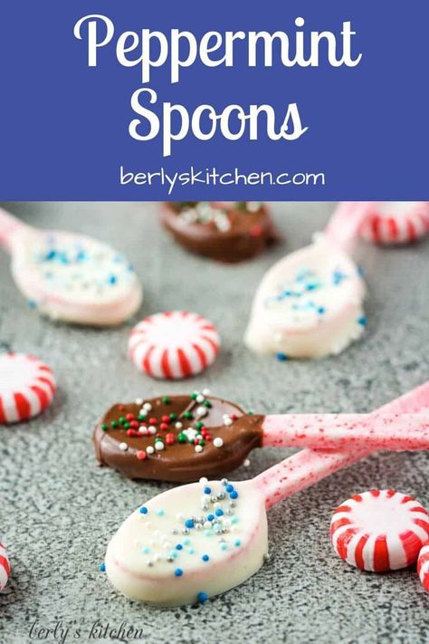 Our chocolate dipped peppermint spoons are an adorable holiday treat that's perfect for stirring hot cocoa or flavored coffees. #berlyskitchen Peppermint Spoons For Hot Chocolate, Peppermint Spoons, Peppermint Desserts, Peppermint Dessert, Coconut Hot Chocolate, Peppermint Recipes, Themed Recipes, Children Crafts, Chocolate Spoons