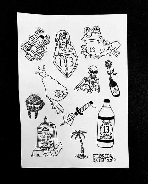 Lucky 13 Tattoo Design, Lucky 13 Tattoo, Friday The 13th Flash, Orlando Tattoo, Friday The 13th Tattoo, 13 Tattoo, Flash Sheets, 13 Tattoos, Bottle Tattoo