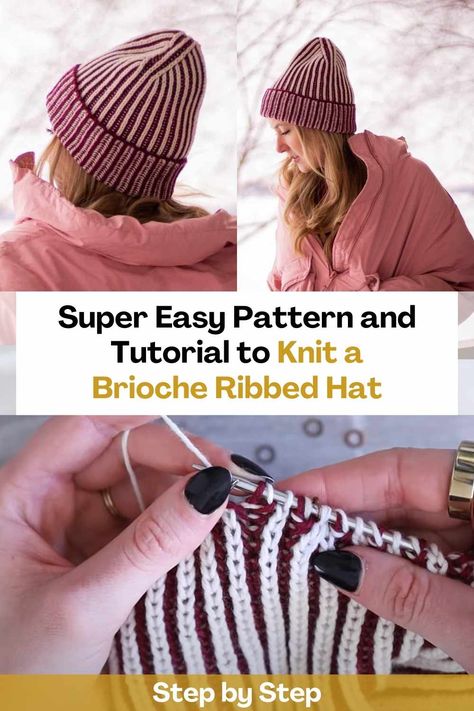 Knitting Hat Tutorial, Two Tone Beanie Crochet Pattern, Brioche Beanie Free Pattern, Tube Hat Knitting Pattern, Brioche Hat Pattern Free, Beginner Knit Beanie, Crochet Two Tone Beanie, Two Tone Knitting Pattern, Beginner Knit Hat Pattern Free