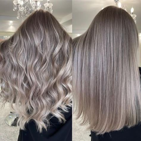 Cool Colors For Hair, Silver Blonde Brown Hair, Silver Ash Balayage, Ashy Brown Straight Hair, Balayage For Ashy Brown Hair, Dark Blonde Hair With Ash Highlights, Ashy Hair With Lowlights, Light Brown Silver Hair, Grey Brown Blonde Hair