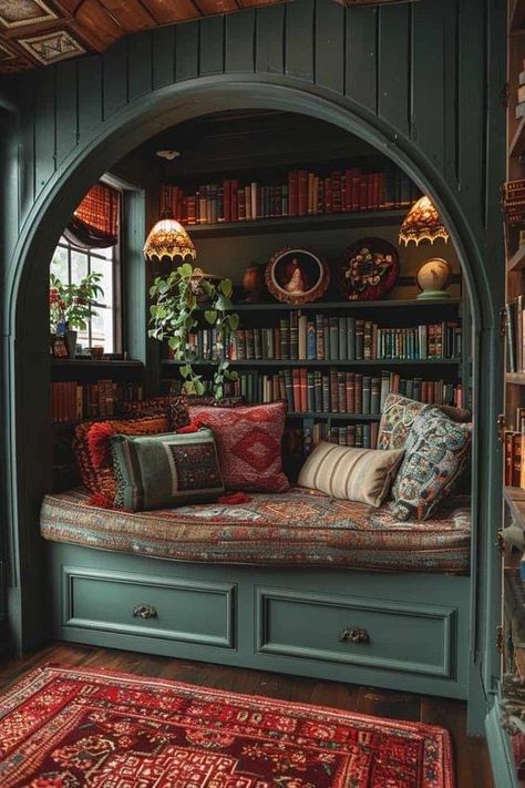 Sunroom Library Cozy, Creating Library At Home, Green And Gold Library Room, Tolkien Inspired Home, Bedroom Ideas With Lots Of Storage, Pretty Home Library, Home Green Decor, Small At Home Library, Book Garden Decor