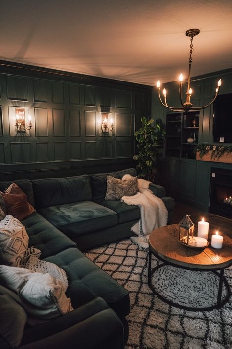 Insanely Cozy Moody Living Room Ideas to Copy Right Now House Design Moody, Cozy Dramatic Living Room, Themes For Interior Design, Cozy Apartment Aesthetic Living Room Dark, Front Room Living Room Ideas, Dark Colonial Living Room, Thrifted Moody Decor, Dark Whiskey Room, Chimney Room Ideas