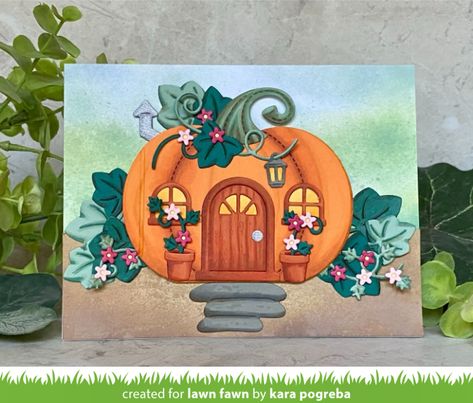 Lawn Fawn Video {11.2.21} Kara's Surprise Storybook Pumpkin House Card - Lawn Fawn Storybook Pumpkin, Story Book Pumpkin, House Card, House Cards, Lawn Fawn Blog, Pumpkin House, Belated Birthday Card, Lawn Fawn Stamps, Autumn Cards