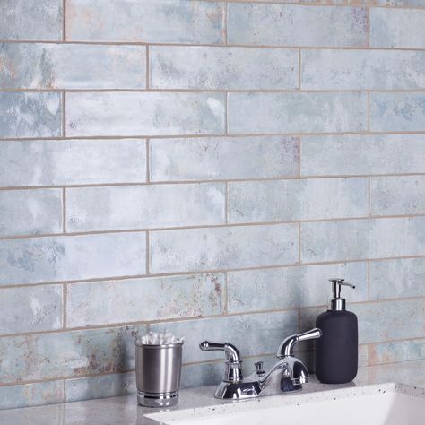 Merola Tile Biarritz Blue 3" x 12" Ceramic Wall Tile - Bed Bath & Beyond - 36343053 Brick Look Tile, Fireplace Facade, Rectangle Tiles, Indoor Tile, Merola Tile, Blue Tiles, Natural Stone Tile, Wall Installation, Ceramic Wall Tiles