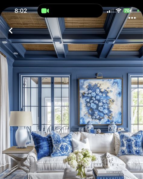 Cathedral Ceiling Living Room, Vaulted Ceiling Living Room, Blue And White Living Room, High Ceiling Living Room, Beach House Living Room, Blue White Decor, Design Salon, Living Room Ceiling, White Living