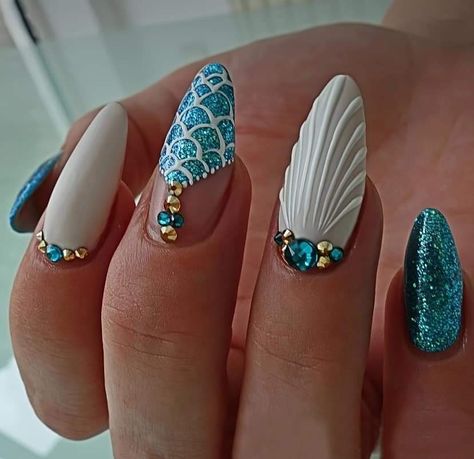 Mermaid Nails Design Simple, Sea Inspired Nails, Mermaid Nail Designs, Mermaid Nail Art, Sea Nails, Beach Nail, Nail Art Set, Mermaid Nails, Beach Nails