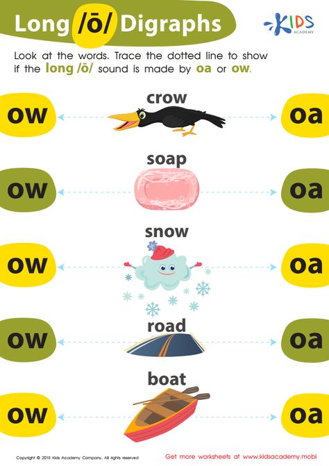 Students that are progressing in reading and phonics can decode more complex words with the digraph worksheet. Practice reading words with the sound of /oa/ and /ow/ with this printable. Ow Words, Complex Words, Digraphs Worksheets, Decoding Words, Alphabet Phonics, Worksheet For Kids, Line Game, Practice Reading, Reading Words