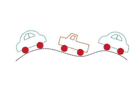 This is a digital download file for embroidery usable only with a monogram/applique machine and embroidery software. This is a vintage quick stitch design with two cars and a truck with fill wheels on a quick stitch road with a finished stitched size of approximately 7 in by 2 in. Car Embroidery, Simple Embroidery Designs, Applique Templates, Textile Prints Design, Quick Stitch, Heirloom Sewing, Embroidery On Clothes, Simple Embroidery, Hand Embroidery Art