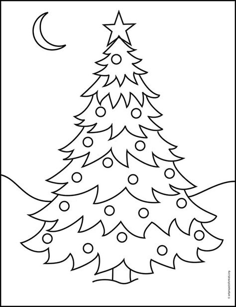 Simple Christmas Tree Drawing, Christmas Tree Drawing Easy, Draw A Christmas Tree, Christmas Journaling, Christmas Tree Outline, Christmas Tree Coloring, Tree Drawing Simple, Christmas Tree Tutorial, Easy Christmas Drawings