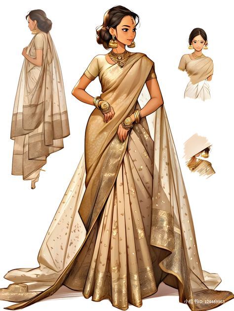 Sari Design Drawing, Indian Lady Sketch, Saree Illustration Sketch, Saree Design Drawing, Saree Anime, Saree Illustration, Saree Sketch, Hindu Clothing, Animated Dress