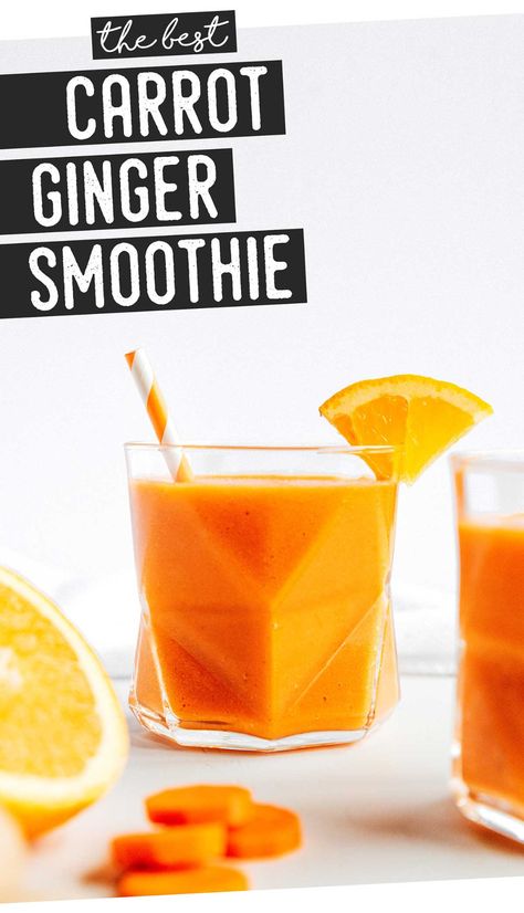 Give your body a health kick and your tastebuds a treat with this Carrot Smoothie recipe with ginger and citrus. A handful of ingredients and 5 minutes. A flavor packed healthy smoothie recipe that you family will love. #smoothie #carrots #vegan #vegetarian #beverage #drink #breakfast Smoothie With Ginger, Carrot Smoothie Recipe, Carrot Ginger Smoothie, Recipe With Ginger, Drink Breakfast, Healthy Smoothie Recipe, Carrot Smoothie, Quick Smoothies, Orange Smoothie