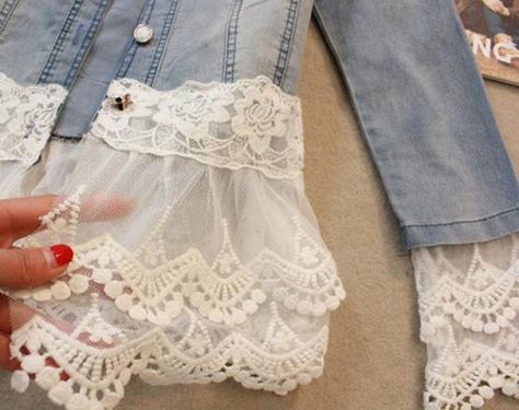 With these five ways to add lace to a denim jacket, create a soft, romantic look in place of harsh denim. From Rain Blanken, your DIY Fashion expert. Women Denim Jacket, Shirt Makeover, Diy Sy, Denim Jacket Fashion, Repurposed Clothing, Diy Vetement, Denim Ideas, Jacket Fashion, Old Jeans