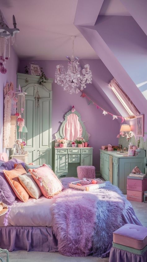 Dream in color with a soft lilac bedroom paired with pastel hues. Light, airy, and absolutely delightful! 🌸💜🌼 #PastelDreams #LilacLovers #BrightSpaces #ColorfulInteriors #DreamyBedroom" Pastel Purple Bedroom Ideas, Pastel Purple Bedroom, Lilac Bedroom Ideas, Purple Bedroom Ideas, Lilac Bedroom, Bedroom Purple, Pretty Bedding, Pastel Bedroom, Purple Bedrooms