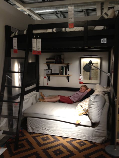 Ikea bedroom loft bed with chaise underneath TV on the wall Small Room Ikea, Ikea Loft, Adult Loft Bed, Ikea Loft Bed, Boy Bedroom Design, Ikea Bedroom, Ikea Bed, Brown Bedroom, Small Room Design