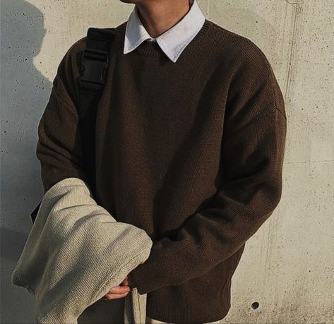 Mens Formal Sweater Outfit, Brown Clothing Aesthetic Men, Brown Outfit Aesthetic Winter, Mens Sixth Form Outfits, Brown Jumper Outfit Men, Dark Academia Sweater Men, Sweater Guy Aesthetic, Men Fashion Dark Academia, Vintage Mens Clothes