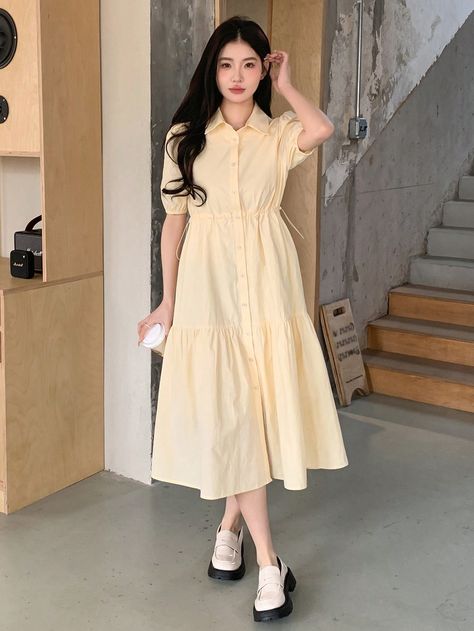 DAZY Women Casual Solid Color Buttoned Waist Drawstring Shirt Dress For Spring/SummerI discovered amazing products on SHEIN.com, come check them out! Pastel Yellow Dress, Drawstring Shirt, Yellow Shirt Dress, Shirt Dress Women, Summer Yellow, Dress For Spring, Plain Shirt, Midi Dress Casual, Plain Shirts