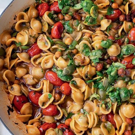 Yotam Ottolenghi One-pot Orecchiette Pasta Puttanesca Recipe | FLAVOUR Vegan Puttanesca, Pasta Putanesca, Ottolenghi Simple Recipes, Ottolenghi Eggplant Recipe, Orecchiette Pasta Recipes, Eggplant Ottolenghi, Pasta Puttanesca Recipe, Ottolenghi Salmon Puttanesca, Winter Pasta