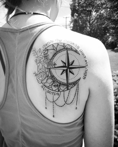 Moon Compass Tattoo, Red Tattoo, Mommy Tattoos, Ellicott City, Red Tattoos, Floral Moon, Tattoo Portfolio, Body Is A Temple, Compass Rose