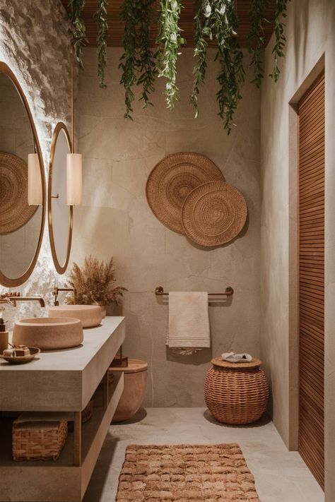 Design a cozy bathroom with textured stone walls, earthy tones, and hanging greenery. Add warmth with woven accents like rattan baskets, textured rugs, and soft natural lighting. #NaturalBathroom #EarthyBathroomDesign #BathroomInspiration #CozyBathroomDecor #WovenAccents #GreenBathroomIdeas #RusticStyle #WarmBathroomDesign #StoneWalls #BathroomRetreat Bathroom Cement Countertops, Earth Bathroom Decor, Boho Ensuite Bathroom Ideas, Bed And Bath Decor Ideas, Nature Powder Room, Earthy Tone Bathroom Decor, Earthy Toilet Design, House Decor Earthy, Tulum Style Bathroom Ideas