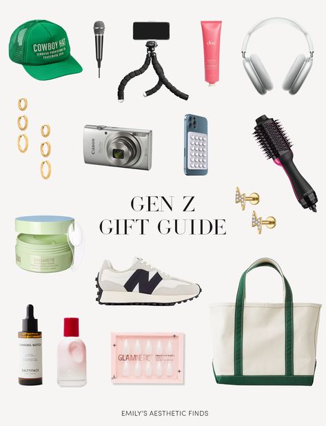 Gift ideas for the gen z social media girly in 2023: https://liketk.it/4kdQL Free people cowboy baseball hat, influencer, mini microphone, iphone tripod flexible, dae hair styling cream, airpods max, gold hoop set, canon powershop elph 180, point & shoot camera, lightning studs, hair dryer brush, blowout brush, suction phone case, pixi eye patches, new balance 327, tanning water, glossier you, hailey bieber nails, boat and tote #ad Gen Z Gift Ideas, Hair Dryer Brush Blowout, Gen Z Gifts, Pixi Eye Patches, Gen Z Social Media, Brush Blowout, Iphone Tripod, Boat And Tote, Tanning Water