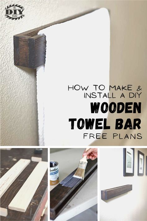 A towel bar is a good option if you have a lot of wall space near a tub or a shower. Towel bar allows a towel to dry without being bunched up, so it dries faster than a towel that might hang on a hook or a ring. By making your own towel bar, you have the option to make it as long or as short as you want.  #diy #freeplans #projects #homedecor #interior #furniture #woodproject #bathroom #doityourself #homeimprovement #towalbar #bathroomdecor #washroom Diy Towel Hanger Bathroom, Diy Wood Towel Holder, Diy Towel Rack Bathroom Hanging Ideas, Double Towel Bar Ideas, Diy Hand Towel Holder, Diy Towel Rack Bathroom, Shower Towel Bar, Diy Towel Bar, Jenga Diy