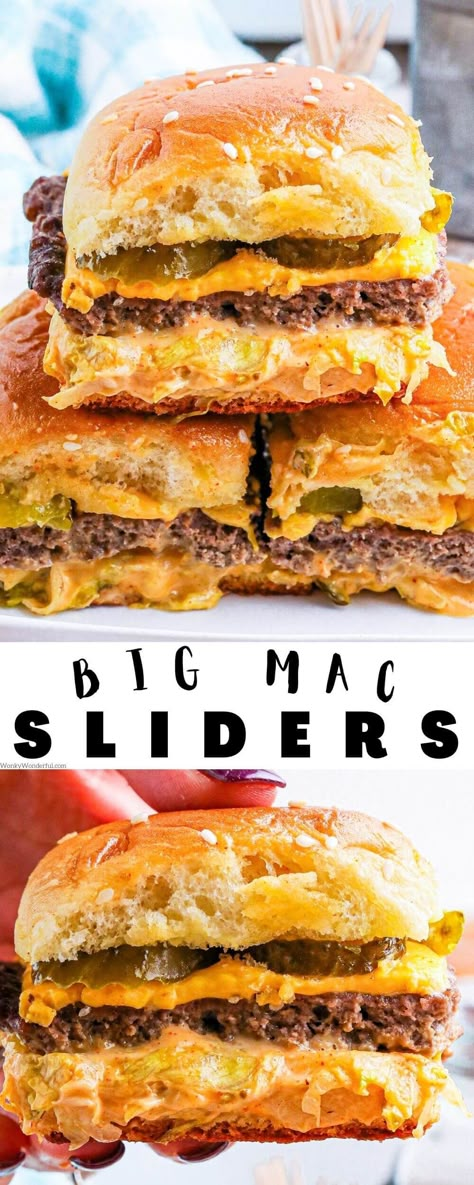 Mini Big Mac Cheeseburgers, Dinner Ideas For A Party, Fast Easy Food Ideas, Mini Big Mac Sliders, Big Mac Sliders Hawaiian Rolls, Homemade Fast Food Recipes, Cheeseburger Sliders Recipes, Sliders Hamburger, Super Easy Meals