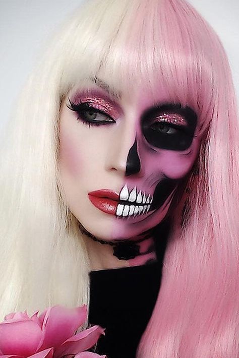 Barbie Skeleton Makeup, Glam Skeleton Makeup Halloween, Facepainting Ideas For Women, Pink Skeleton Makeup, Pink Skull Makeup, Skeleton Makeup Half Face, Pink Halloween Makeup, Glam Skeleton Makeup, Glam Skeleton