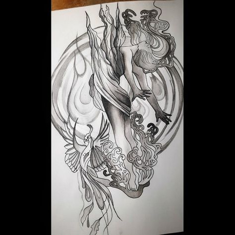 Fire Goddess Tattoos For Women, Phoenix Goddess Tattoo, Phoenix Lady Tattoo, Black Phoenix Art, Fire Goddess Tattoo, Woman On Fire Tattoo, Rising Phoenix Tattoo Feminine Back, Fire Phoenix Tattoo, Fire Sign Tattoo