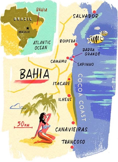 ~ Owen Gately Travel Magazine Design, Brazil Trip, Descriptive Text, Bahia Brazil, Pictorial Maps, Brazil Travel, Travel Diaries, City Illustration, Card Book