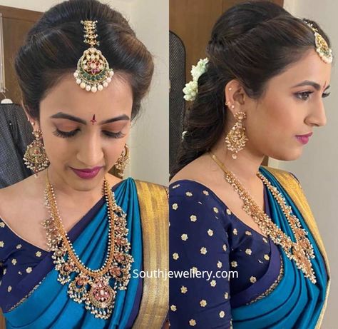 Niharika Konidela in a traditional kundan guttapusalu haram paired with matching earrings, kundan maang tikka and polki diamond nakshi vaddanam at her pellikuthuru ceremony. Saree Hairstyles With Mangtika, Maang Tikka With Saree, Hairstyles For Halfsarees, Pelli Bottu For Bride, Guttapoosalu Haram, Maang Tikka Bridal Gold South Indian, Maang Tikka Bridal South Indian, Pellikuturu Hairstyles, Wedding Hairstyles Indian Traditional