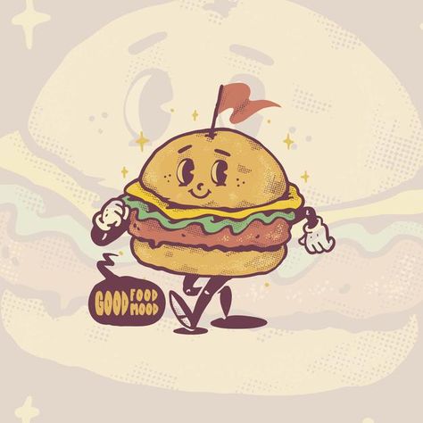 Hamburger Character Design, Burger Artwork, Hamburger Tattoo, Burger Illustration, Burger Cartoon, Contemporary Branding, Food Characters, Historical Logo, Vintage Happy New Year