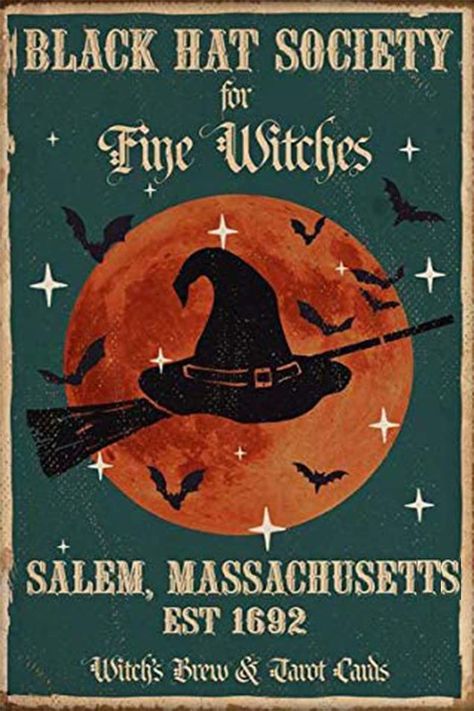 PRICES MAY VARY. Perfect Size: The size of the vintage metal sign " Black Hat Society Witches " is 8x12 inches and there will be no gaps when hanging it on the wall. 100% Environmentally Friendly Material: The witch decor metal plaque uses high-quality metal tin, which is 100% recyclable. The quality of the witch decor metal plaque is very good, and it can be used for a long time without damage. Convenient Hanging: The vintage Halloween decor metal sign has four pre installed holes for easy and Witch Signs, Salem Massachusetts, Vintage Witch, Vintage Halloween Decorations, Retro Sign, Halloween Painting, Halloween Displays, Witch Decor, Farmhouse Country