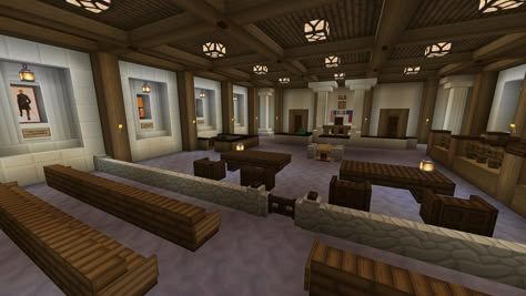 A friend and I built a Texas courtroom in survival Minecraft Library Interior Design, Minecraft Court House Ideas, Minecraft Courthouse Ideas, Minecraft Courtroom, Courthouse Interior, Minecraft Courthouse Interior, Minecraft Court House, Courthouse Minecraft Build, Small Library Minecraft