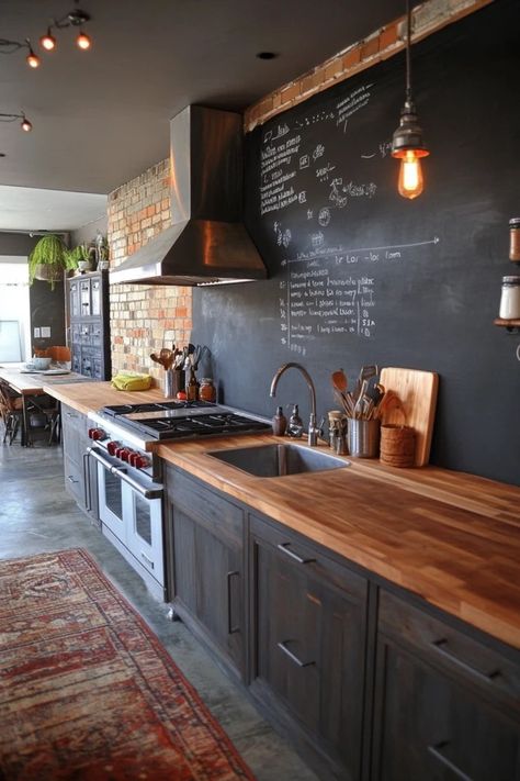 "Elevate your kitchen space with a DIY Chalkboard Paint Accent Wall! 🖌️🍳 Perfect for adding a personal touch to your decor. #KitchenAccentWall #ChalkboardInspiration #DIYProjects" Kitchen With Black Accent Wall, Accent Walls In Kitchen, Kitchen Walls Paint Ideas, Shiplap Wall Kitchen, Kitchen Chalkboard Ideas, Wood Wall Kitchen, Chalk Wall Ideas, Kitchen Accent Wall Ideas, Kitchen With No Upper Cabinets