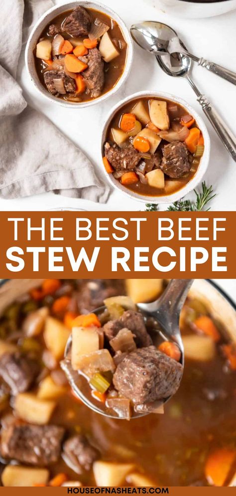 This classic Beef Stew recipe is perfect for warming you up on a cold night or feeding the whole family for Sunday dinner. Made with tender beef, savory onions, celery, carrots, potatoes, and peas, it's packed full of flavor and nutrients too, so it's a win-win! | homemade beef stew stove top | homemade beef stew seasoning | homemade beef stew recipes | homemade beef stew dutch oven | easy homemade beef stew recipe | beef stew recipes stove top easy | beef stew recipes for dinner Homemade Beef Stew Seasoning, Beef Stew Dutch Oven, Stew Stove Top, Stew Recipes Stove Top, Dutch Oven Beef Stew Recipes, Recipes Stove Top, Beef Stew Stove, Stew Seasoning, Classic Beef Stew Recipe